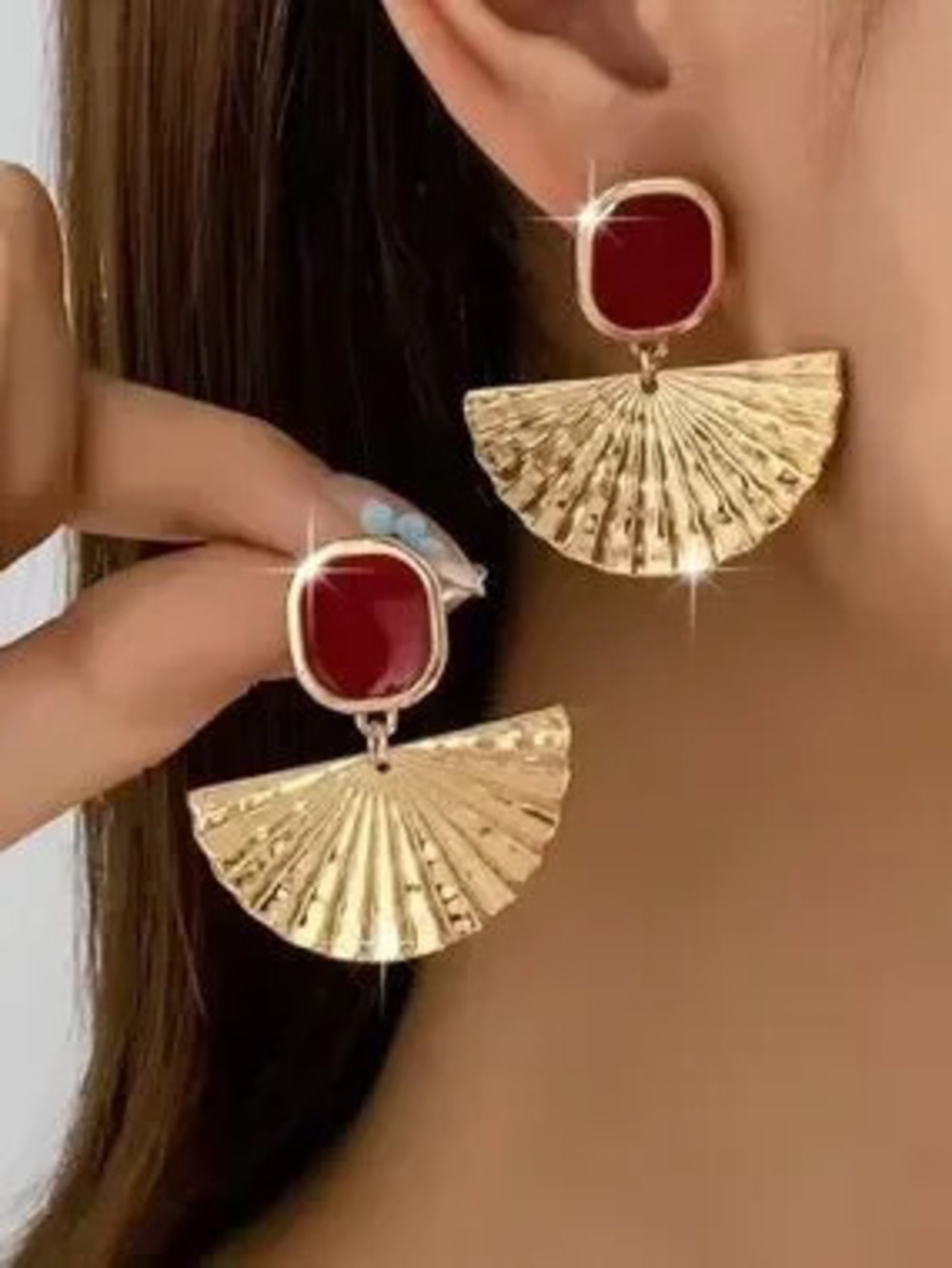 Anthropologie Gold Tone Fan Drop Earrings with Red Accents